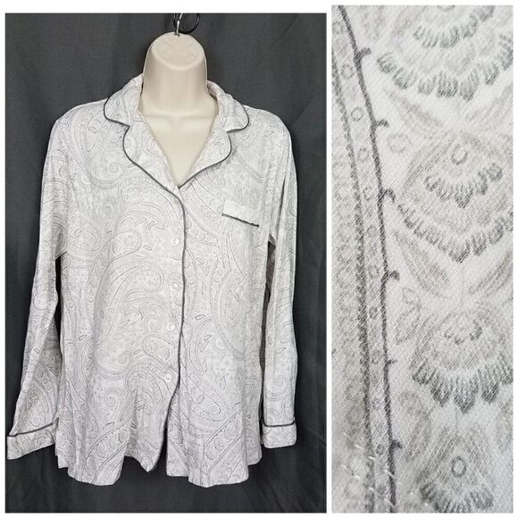 Charter Club Medium Pajama Button Down Top Cotton White Gray Paisley M Top Only - Picture 1 of 15